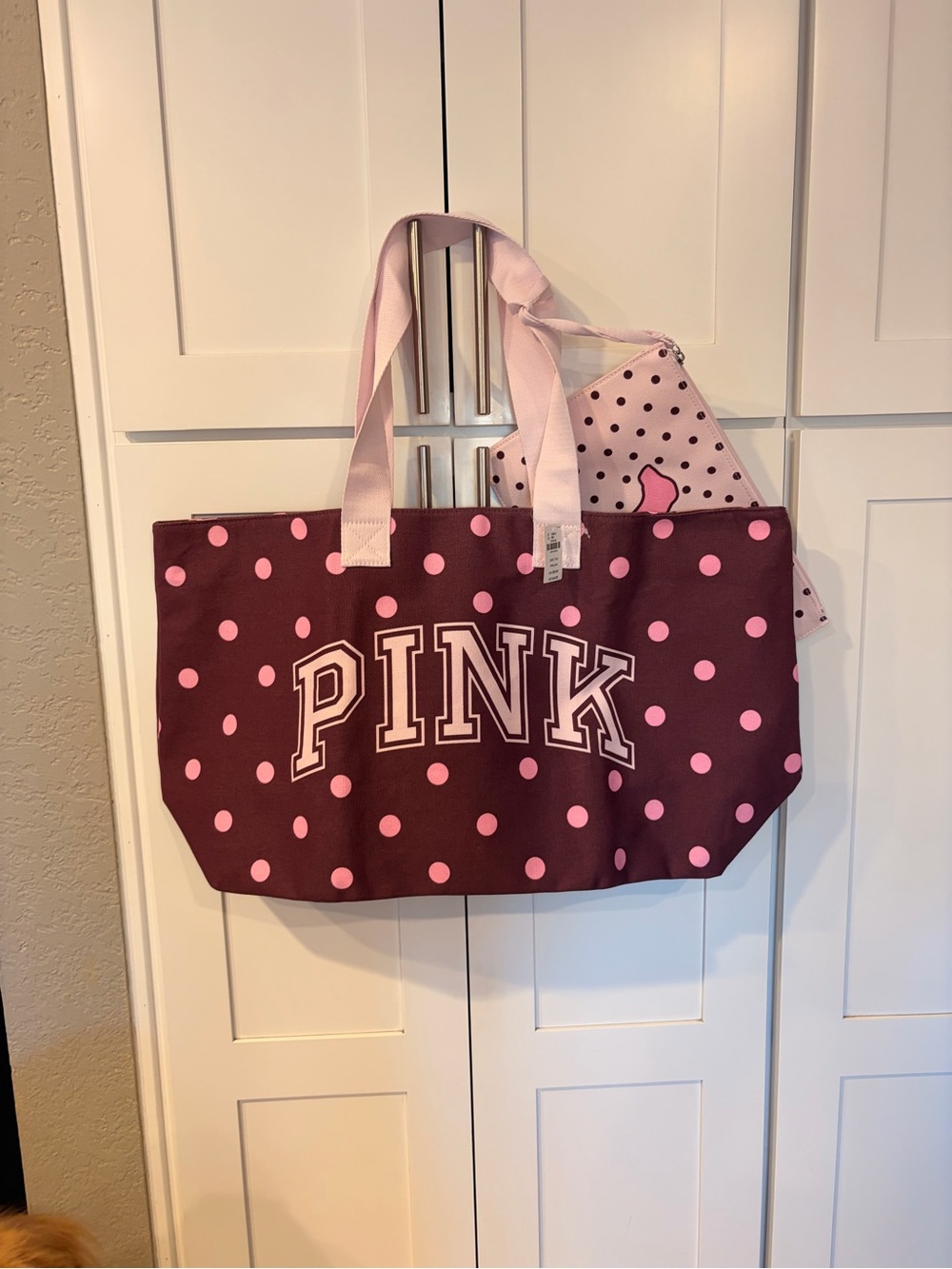 PINK Victoria's Secret Plum Polka Dot Tote with Light Pink Accents